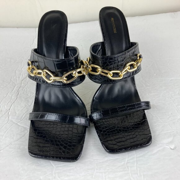 Pretty Little Thing Sz 8 Black Square Toe Slip On Heel Sandals Gold Chain Detail - Picture 2 of 9